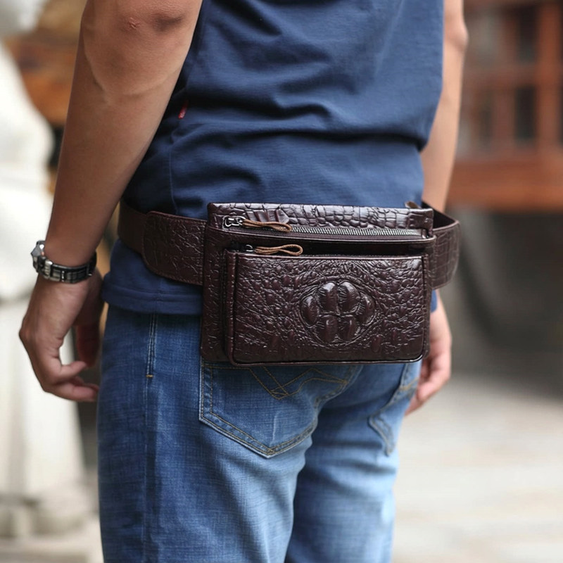 头层牛皮腰包男士鳄鱼纹放手机多功能真皮男包休闲男款斜挎包男