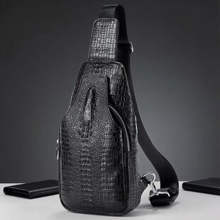 真皮鳄鱼纹单肩斜挎包男士 休闲小背包男头层牛皮潮流男包 胸包男款