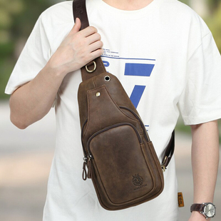 男士 休闲便携小包外出背包复古头层牛皮单肩斜挎包男 真皮胸包男款
