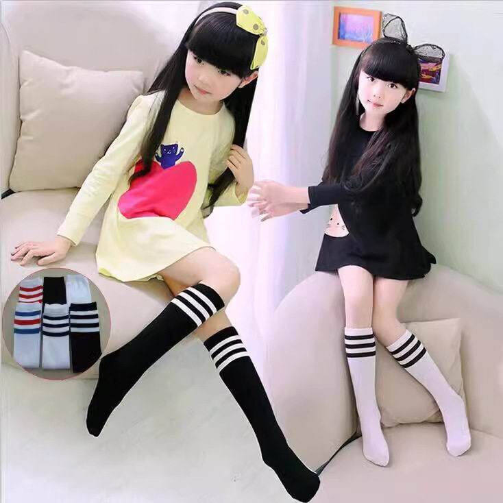 中长筒袜子女春秋款白色三杠条纹中筒袜