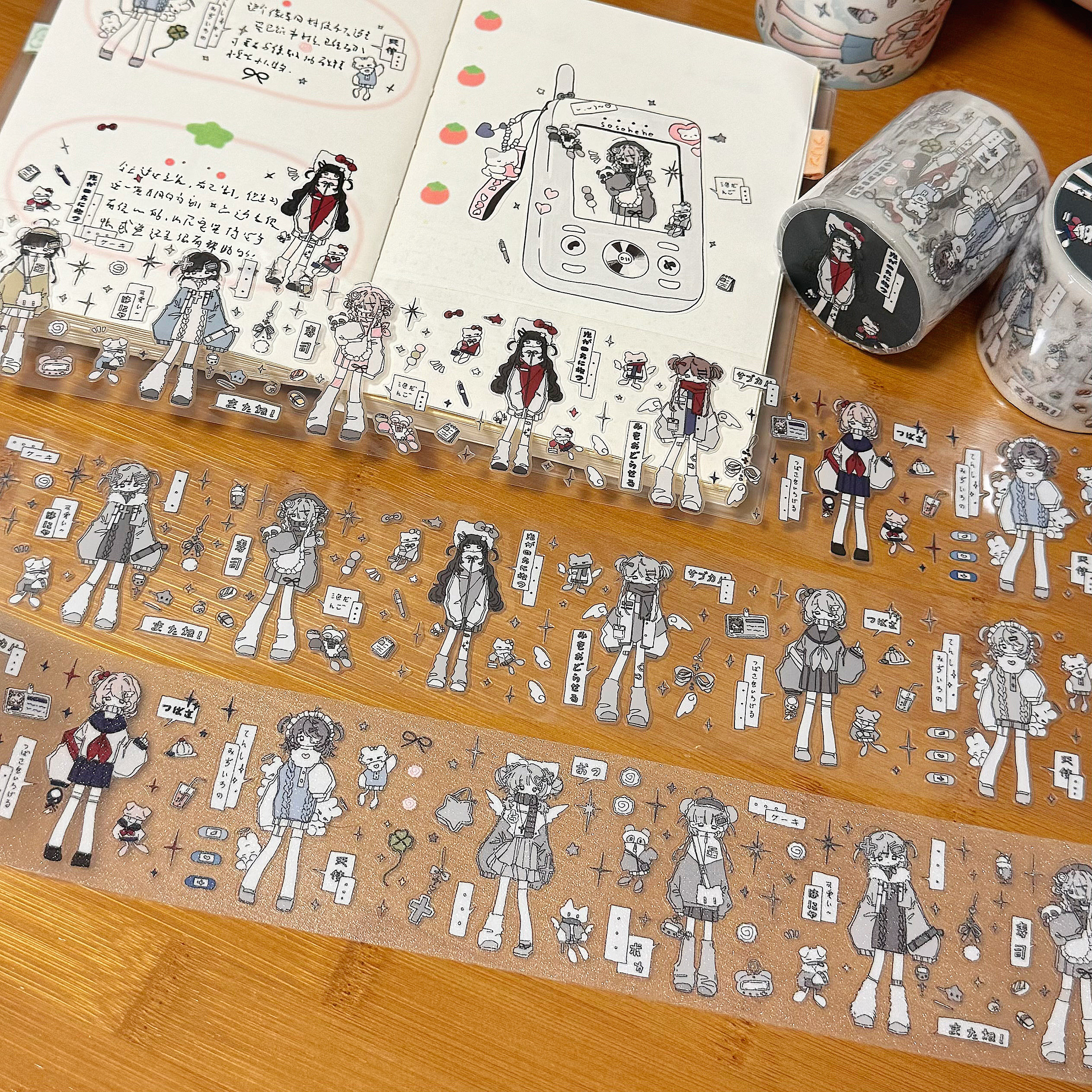 TUUO原创双透闪砂切膜贴纸卷素材人物可爱手帐贴装饰日记拼贴