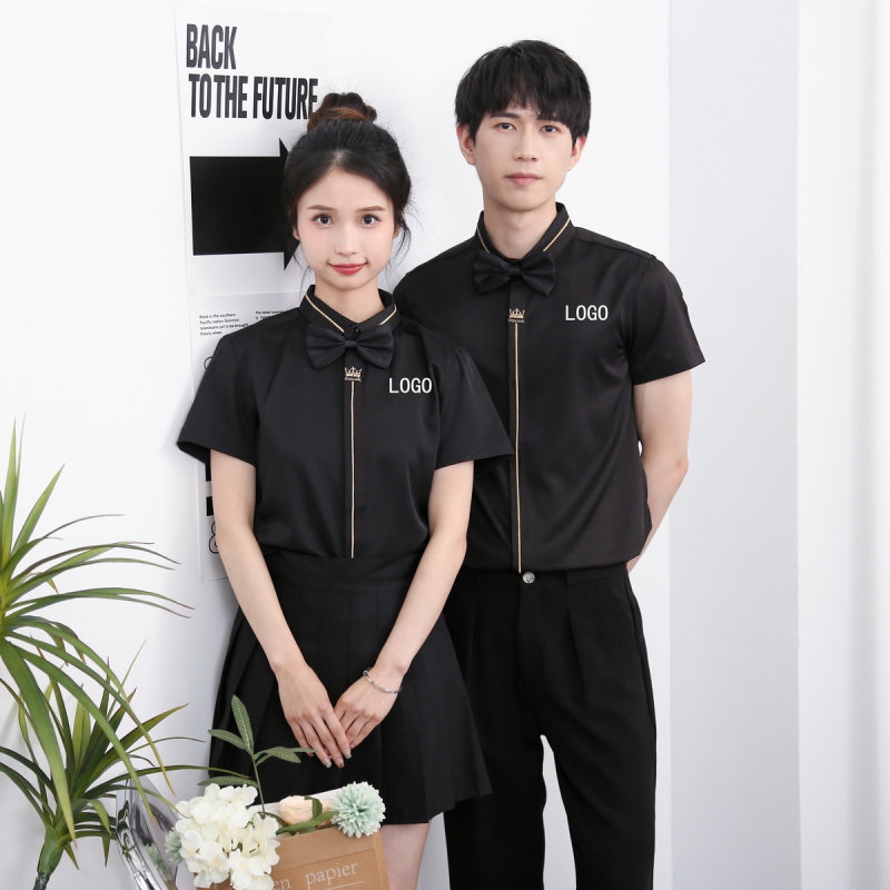 24春夏调酒师KTV摄影美发理发店日系工作服男女半袖衬衫定制LOGO