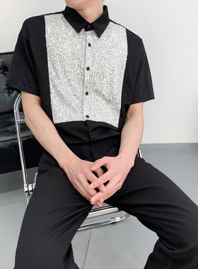 男士修身五分袖衬衫韩版潮男歌手主持人演出服装个性亮片半袖寸衫