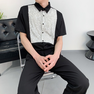 男士修身五分袖衬衫韩版潮男歌手主持人演出服装个性亮片半袖寸衫