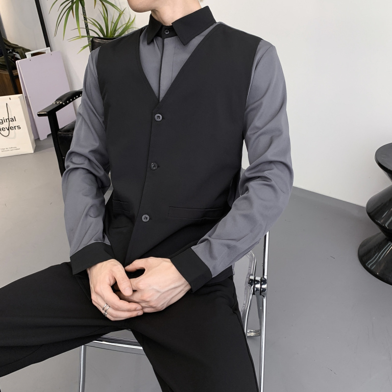 娱乐会所KTV服务员马甲衬衫男假两件酒店酒吧服务生工衣logo定制