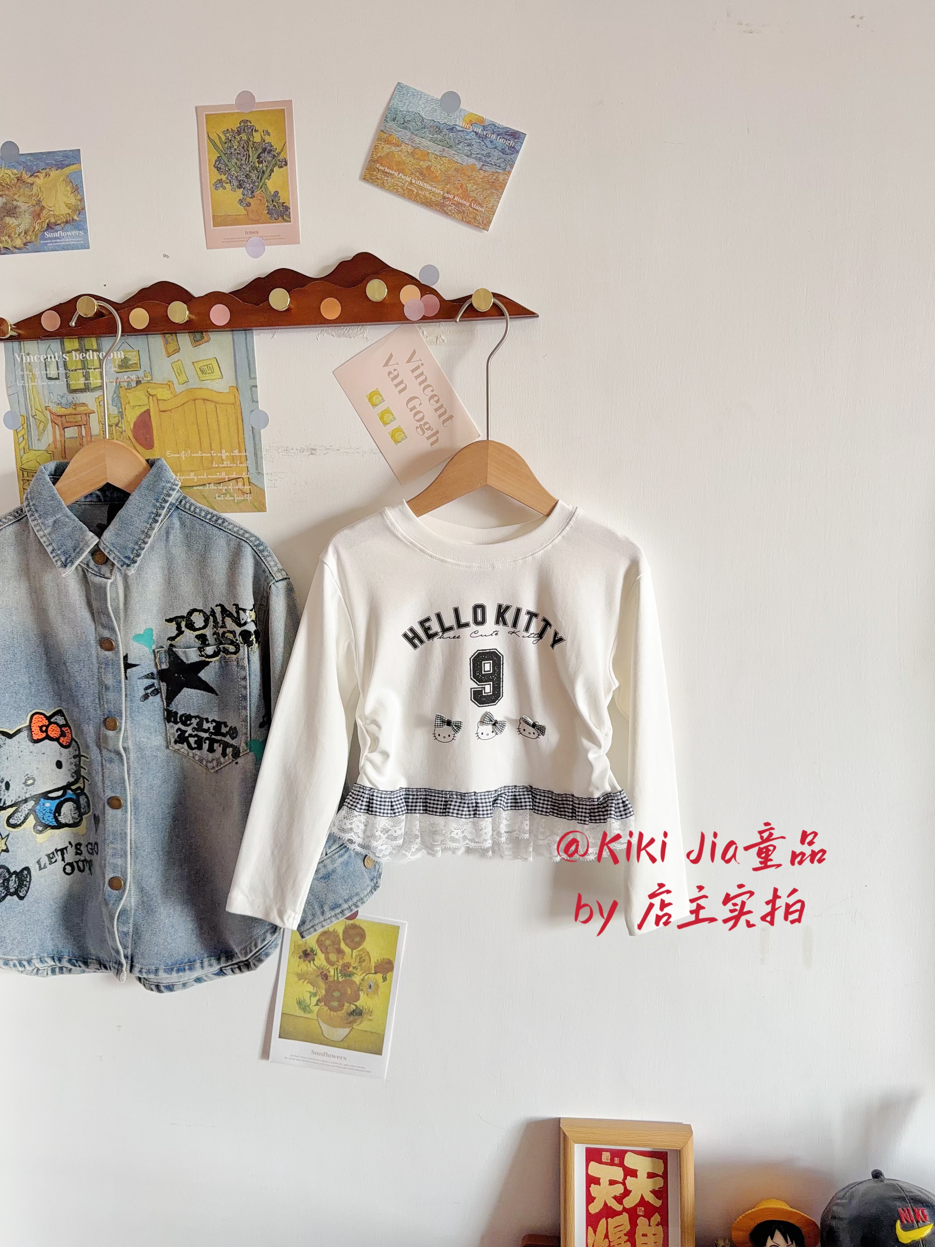 Kiki家韩版品牌女童洋气蕾丝拼接长袖上衣 26秋卡通印花辣妹T特