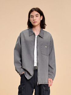 BONELESS渐变水洗做旧拉链牛仔衬衫潮流翻领夹克休闲简约外套上衣