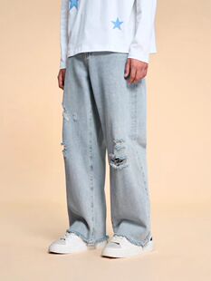 BONELESS宽松阔腿破洞做旧牛仔裤高街洗水休闲裤百搭直筒长裤秋季