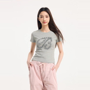 BONELESS捏褶花边T恤夏季新款修身显瘦百搭短款美式圆领短袖女潮