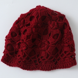 法式优雅~手工双股双层镂空钩花针织纯山羊绒帽子 加厚保暖包头帽