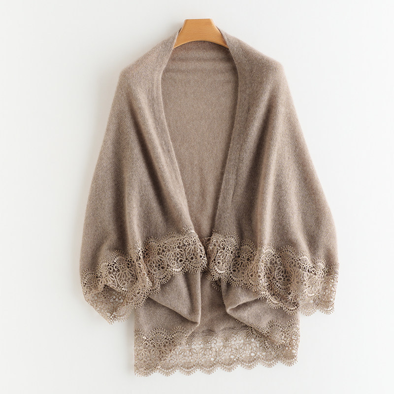 洋气时尚蕾丝花边100%山羊绒披肩