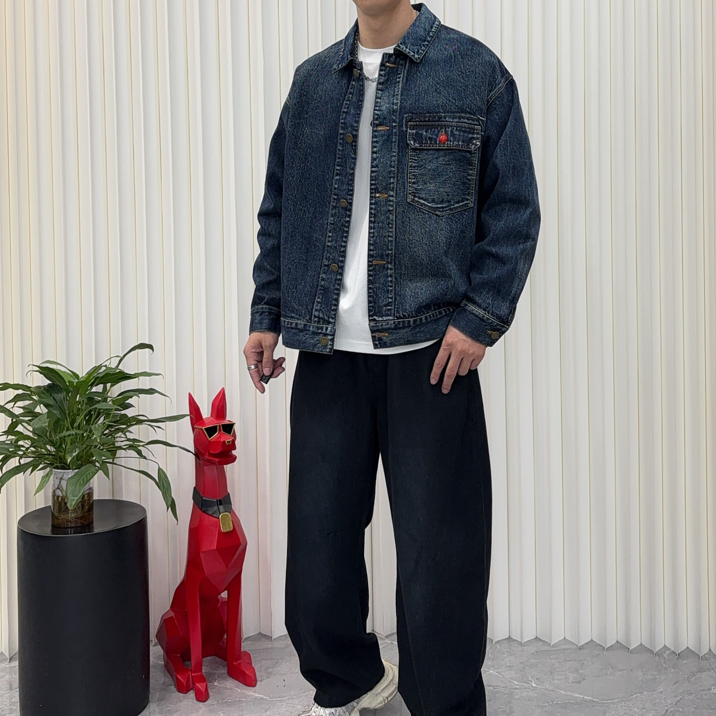 日系潮流新款牛仔外套男宽松加肥加大码帅气上衣翻领潮牌工装夹克
