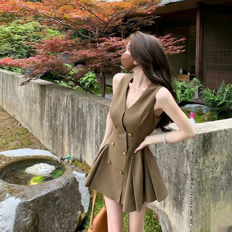 气质V领双排金扣小香风无