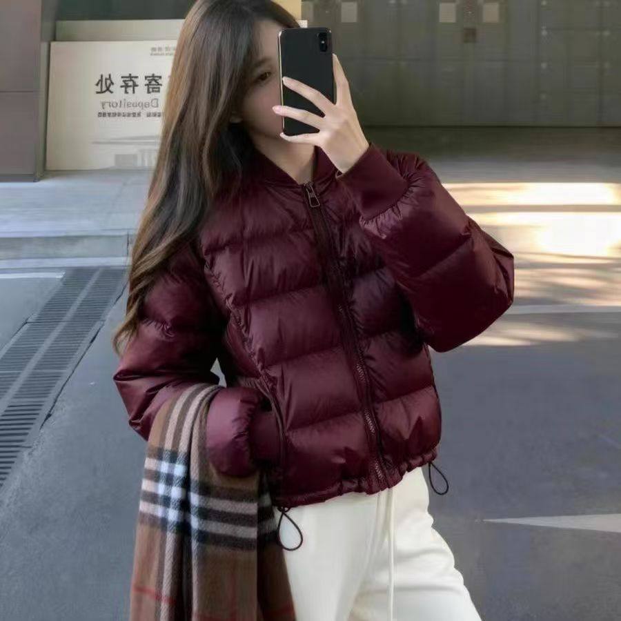 酒红色短款棉衣棒球服外