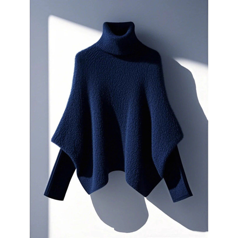 藏蓝色高领不规则披肩斗篷毛衣女春季法式高级感气质外穿针织上衣