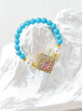 好美的海蓝宝切面戒指中国风镶钻水晶珍珠3mm女尾戒指环饰品礼物