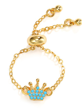 特价清仓欧美网红爆款潮流可拉缩镀黄金蓝色皇冠镶锆石女性戒指流