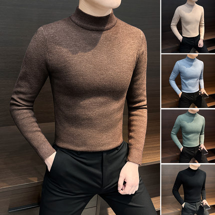 男士半高领加绒加厚毛衣男款冬季2025新款高级感中领一体绒打底衫
