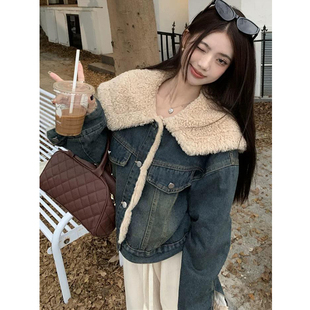 羊羔毛加绒牛仔外套女秋冬小个子短款加厚保暖夹克上衣摇粒绒棉服