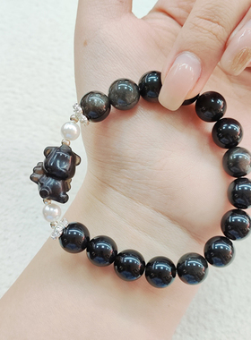 银曜石天使小熊手串10mm情侣款小众ins中性风手链大气不掉色手饰