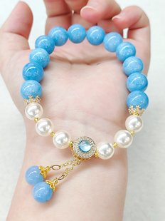 海蓝宝珍珠手链10mm小清新显白手串夏季女水晶生手饰品轻奢礼物