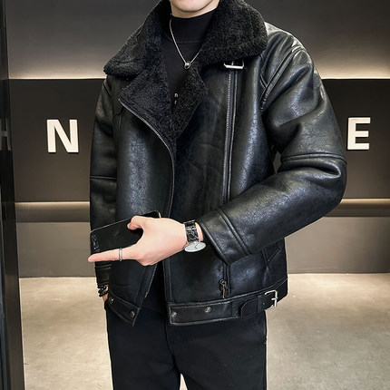 皮毛一体男士皮衣外套冬季2024新款加绒加厚高级感潮牌派克服男款