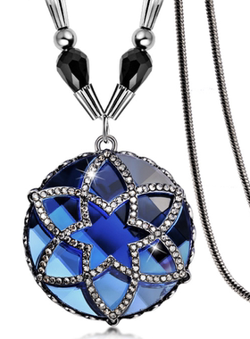 宝蓝色水晶镶钻花朵串珠毛衣链