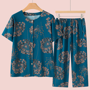 中老年人夏装女纯棉绸妈妈两件套老人太太奶奶衣服短袖有口袋睡衣
