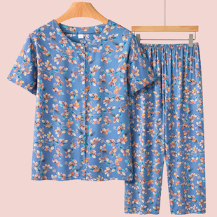 妈妈夏装纯棉绸短袖套装老年人女装开衫睡衣两件套奶奶老人居家服