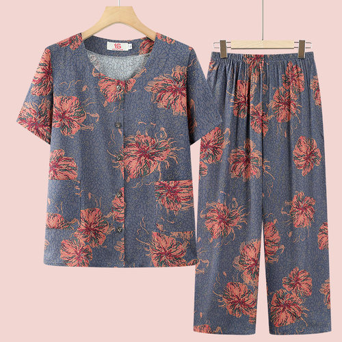 奶奶套装纯棉绸中老年人夏装女妈妈短袖衬衫6070岁80老人衣服太太