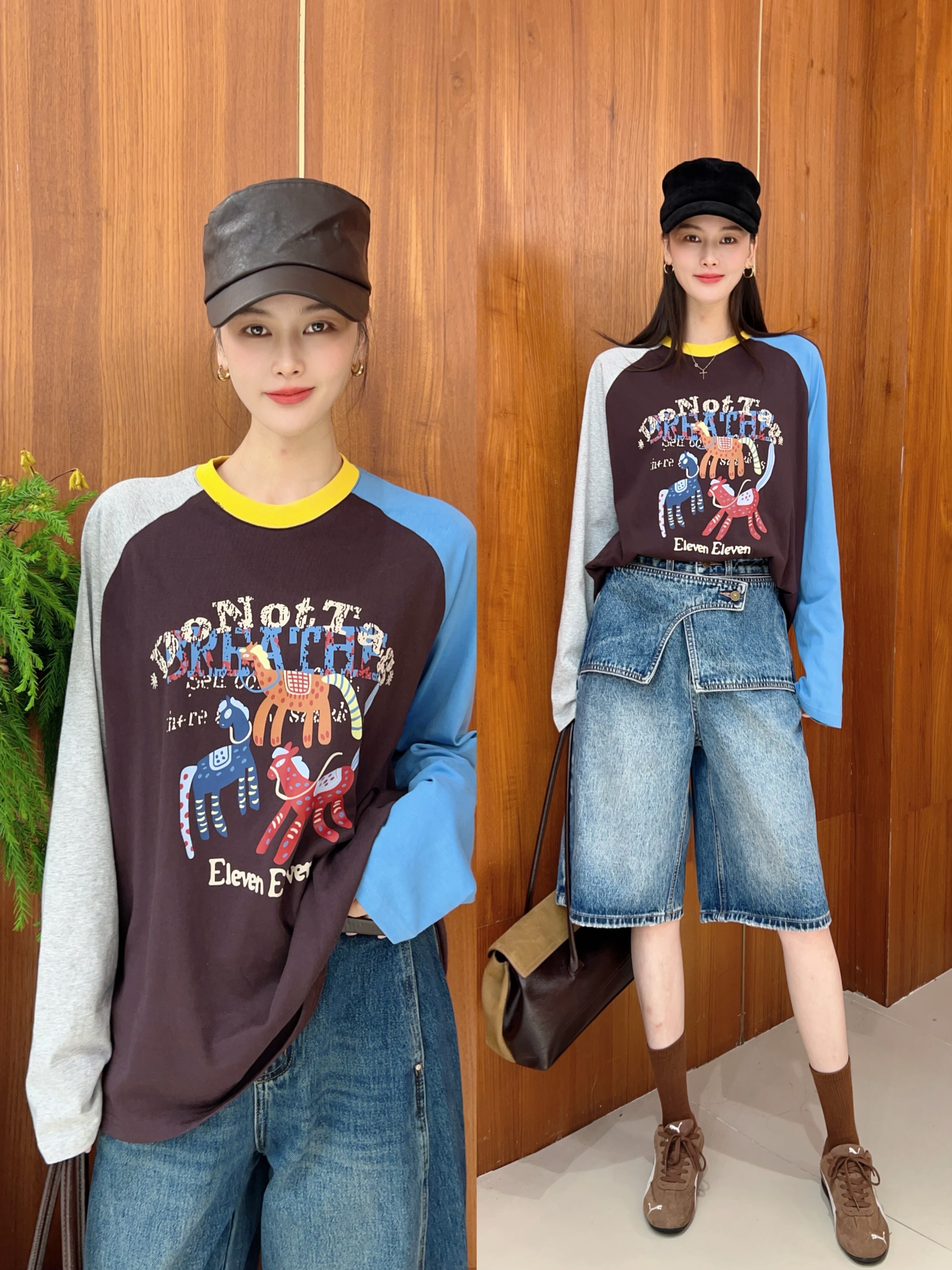 MissYu2025秋季新款韩版时尚显瘦长袖T恤女设计感小众假两件上衣