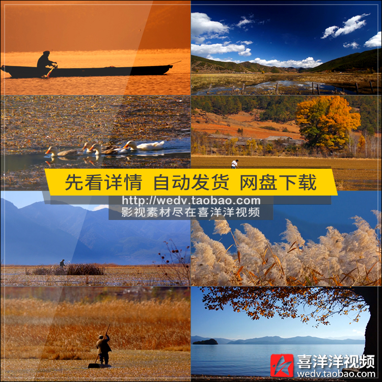 C010唯美泸沽湖湖面夕阳剪影日出美景芦苇波光粼粼宣传片视频素材