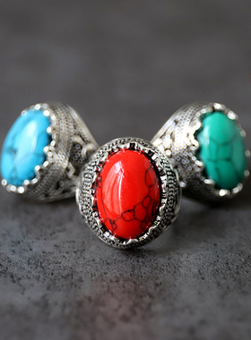 蒙古族戒指男霸气指环个性ins潮嘻哈复古首饰民族风钛钢蓝仿松石