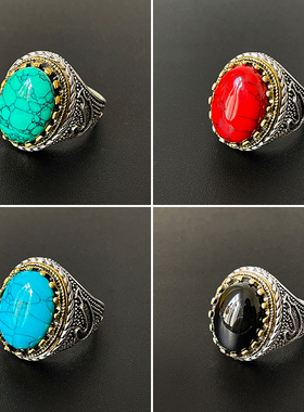 蒙古元素仿绿松石椭圆蛋面戒指