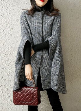 简约中长款开衫斗篷七分袖外套女2025秋冬新款时尚潮流圆领大衣女