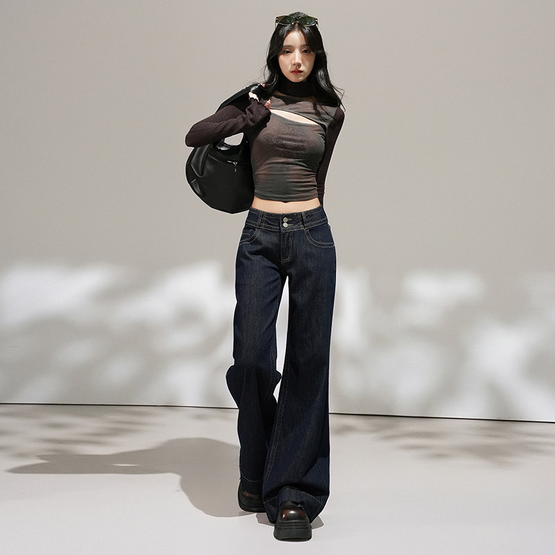 美式复古丹宁原牛色直筒牛仔裤女秋冬休闲双扣百搭微喇叭休闲子