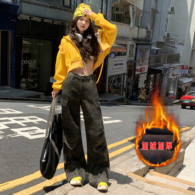 2024加绒加厚美式复古迷彩工装裤女秋冬高街嘻哈宽松微喇牛仔裤