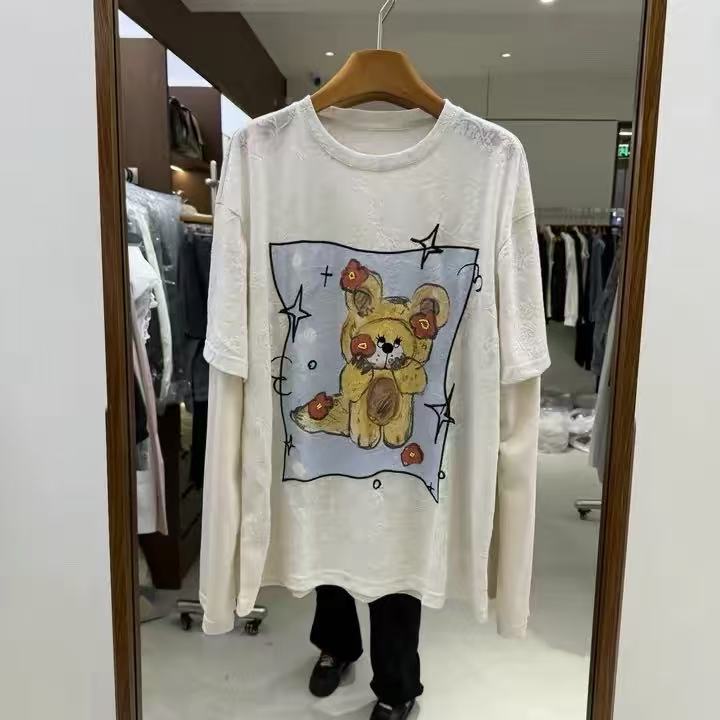 特价清仓 蕾丝暗花小熊印花假两件长袖T恤女宽松慵懒风上衣