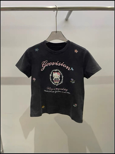 欧货2026夏新款 甜美可爱 卡通猫咪刺绣短袖T恤女 夏季做旧上衣