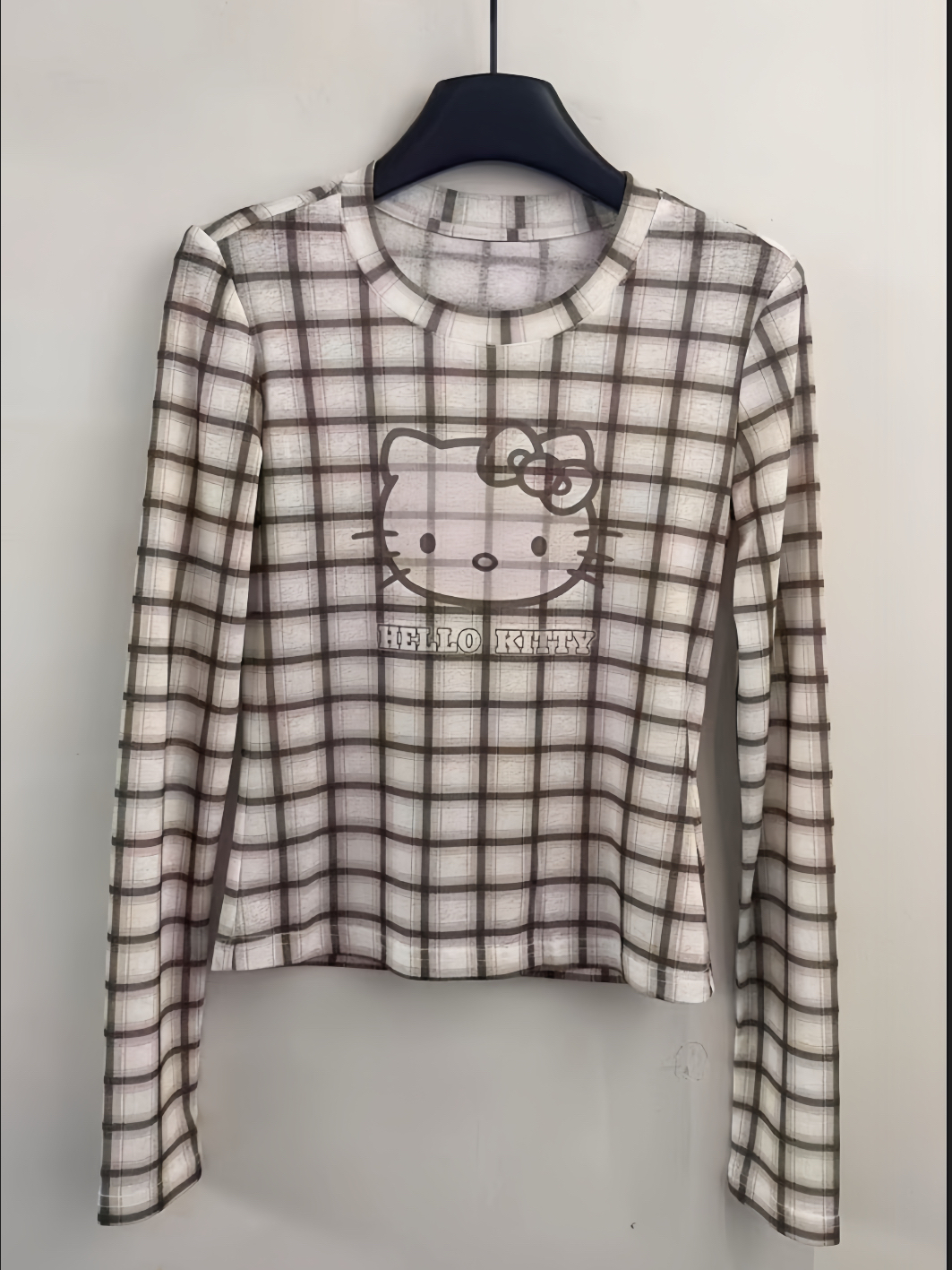 欧货2025早秋新款格纹弹力印花Hello Kitty猫咪女长袖上衣打底衫