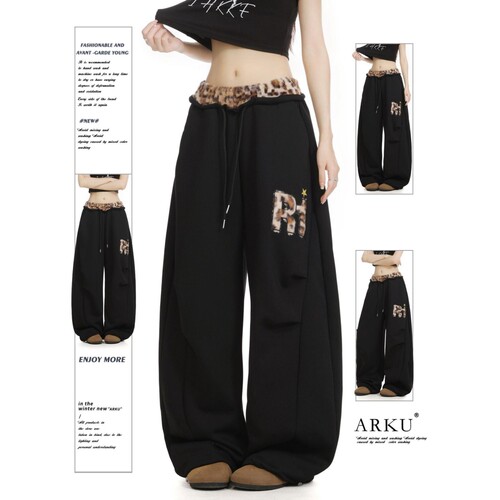 ARKU美式拼接豹纹弯刀卫裤女复古宽松褶皱显瘦爵士舞阔腿休闲裤子