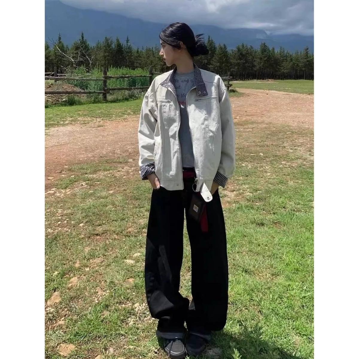 秋季潮牌格纹拼接外套女2025年新款复古宽松休闲翻领工装夹克上衣