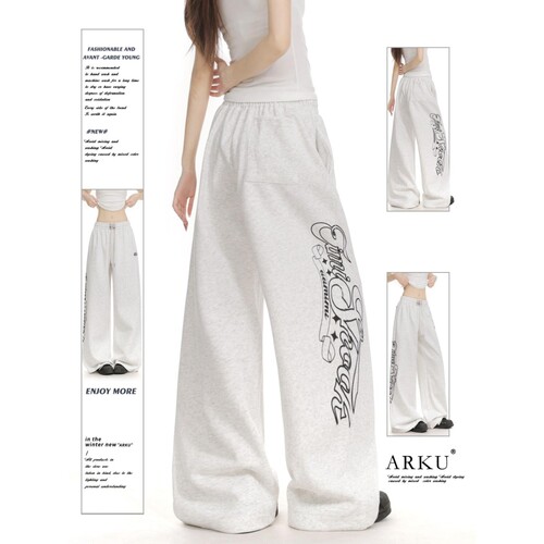 ARKU美式街头字母印花运动卫裤女宽松垂感显瘦跳舞阔腿直筒休闲裤