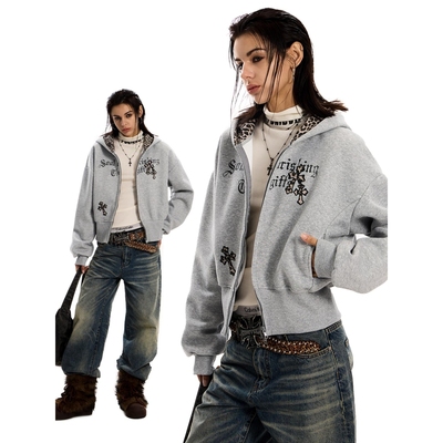 0123start 豹纹拼接十字架连帽卫衣外套女美式复古哥特风潮牌开衫