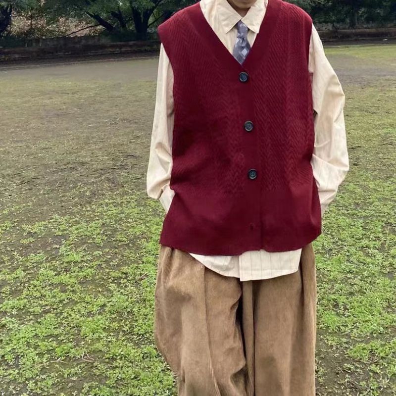 复古日系港风酒红色针织开衫马甲男ins毛衣v领背心外套春秋季痞帅