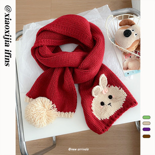 2025新款可爱手工针织兔子围巾女生冬红色保暖百搭毛线围脖氛围感