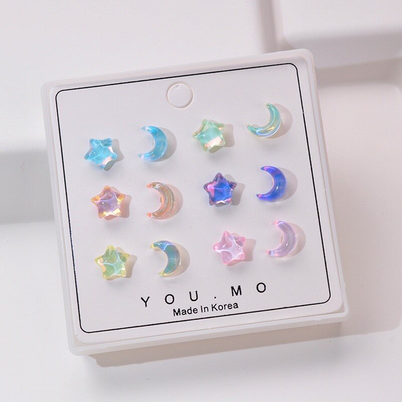星星月亮水晶树脂耳钉套装