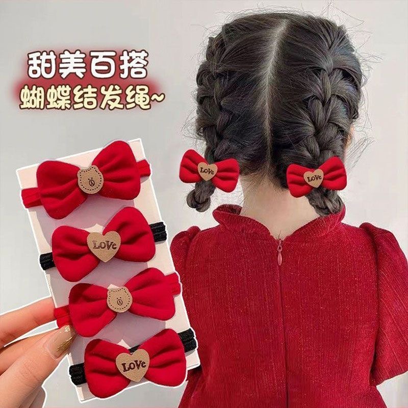 女童新款头绳儿童扎头皮筋高颜值发圈秋冬头饰红色丝绒蝴蝶结发绳