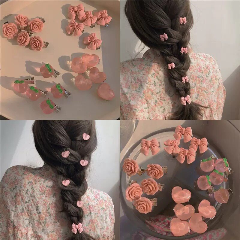粉色甜美水蜜桃蝴蝶结发夹
