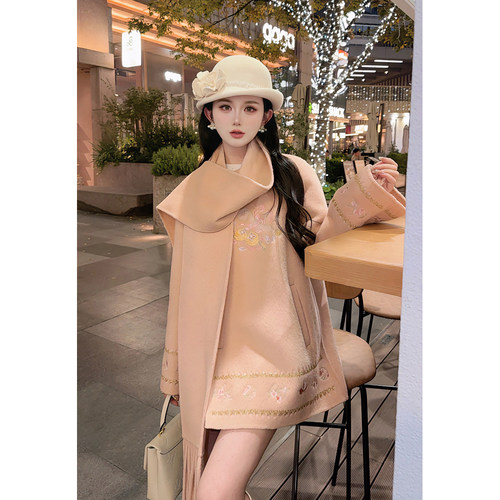 【柿柿如意 】郭郭原创静奢100羊毛重工刺绣双面昵大衣短裙套装